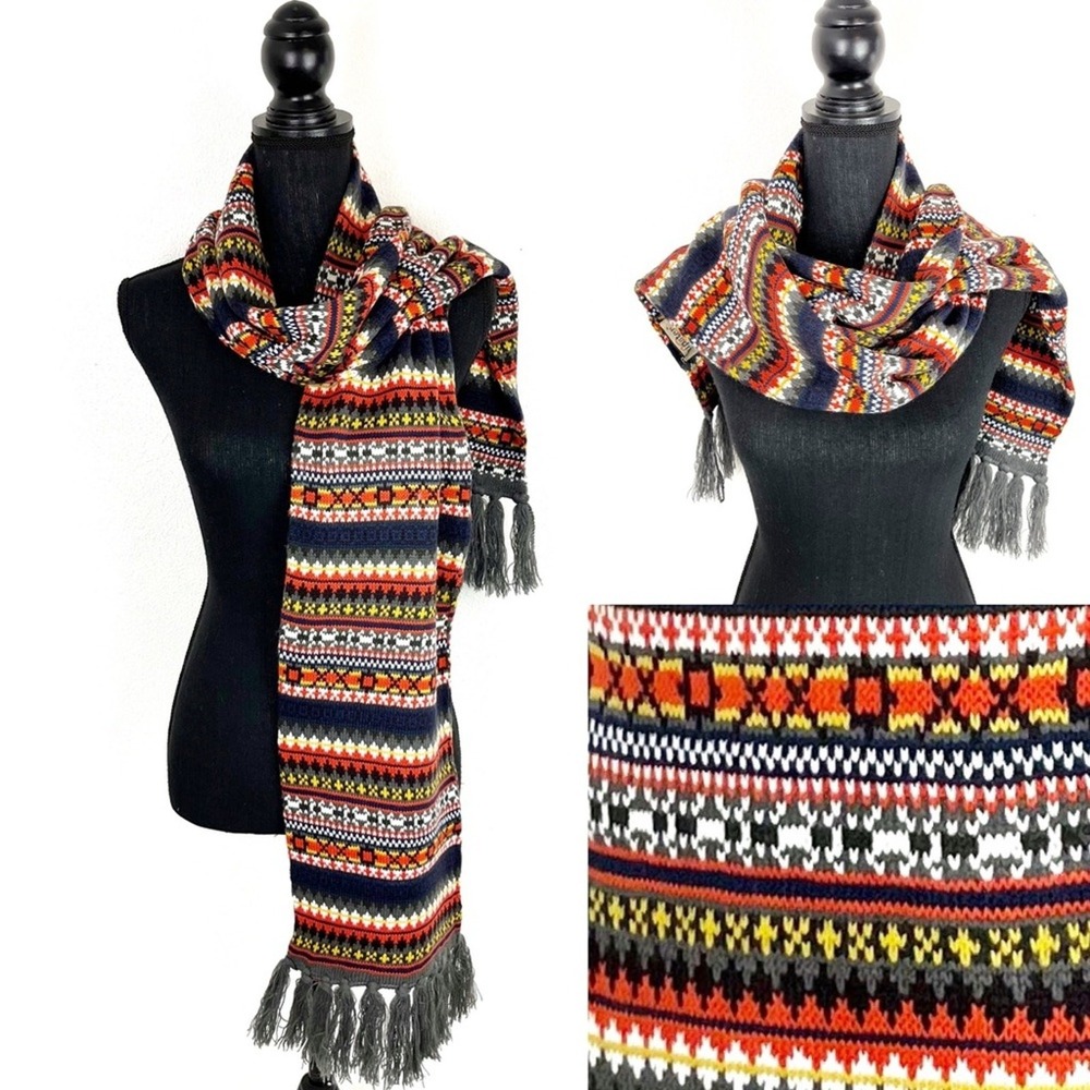 Fair Isle Knit Winter Scarf Retro 70s Color Palette Long Fringe Cozy Boho Unisex